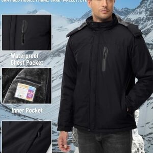 TacVAsen Men's Black Outdoor Waterproof Fur Line Jacket Size L